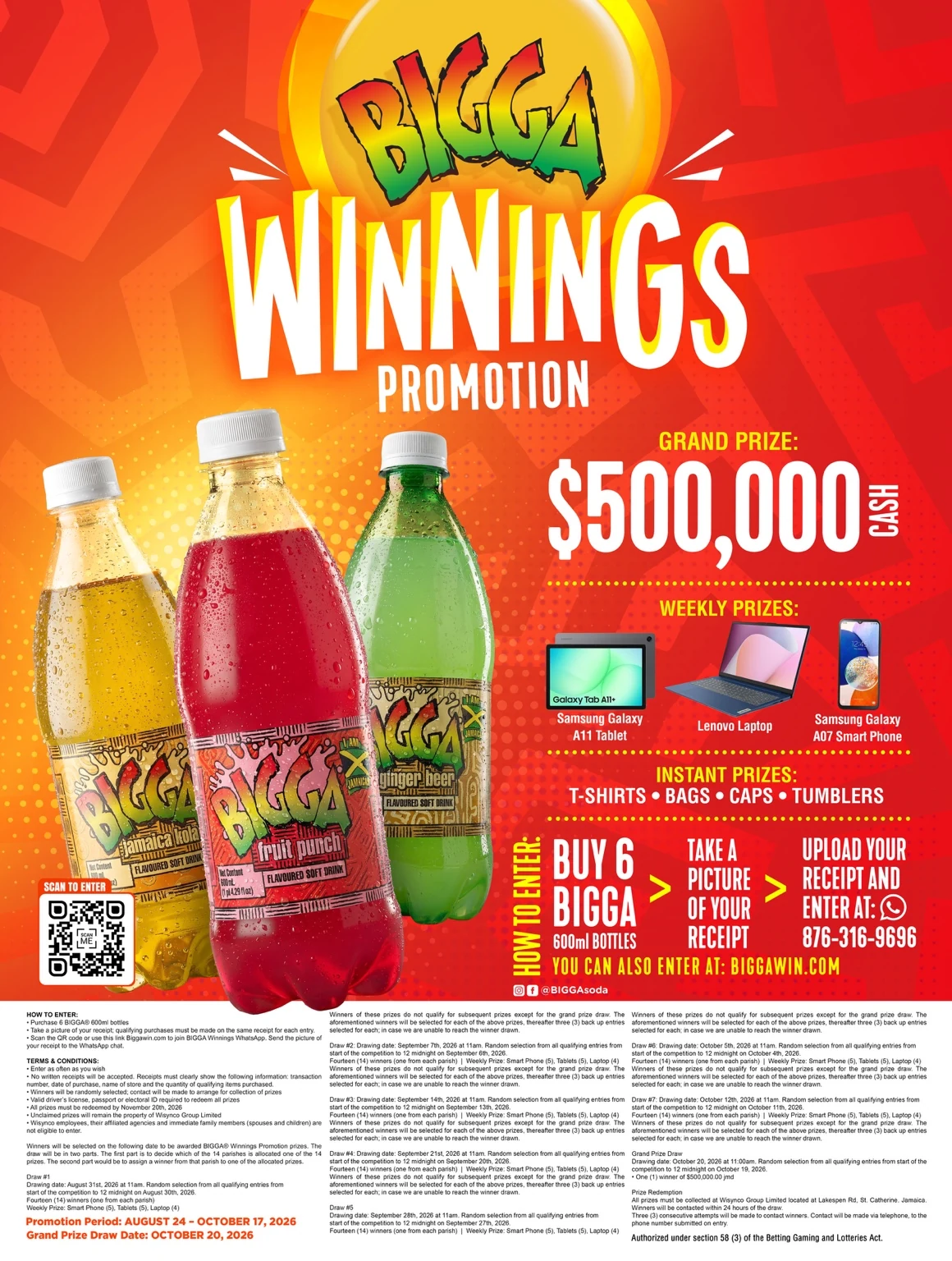 BIGGA Winnings promotion poster showing BIGGA bottles, a $500,000 grand prize, weekly prizes and entry instructions.